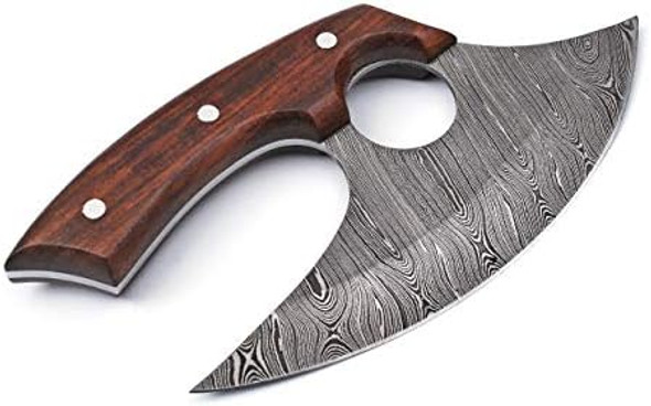 Handmade Damascus Steel Ulu Knife - Fixed Blade Knife For Chopping Boning Slicing Cutting Solid Rose Wood Handle With Leather Sheath WoodSteel
