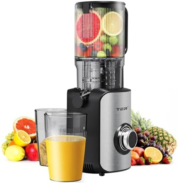 Juicer Machines Ter Cold Press Juicer With 5'' Wide Chute Stainless Steel Slow Masticating For Vegetables & Fruits High Juice Yield Easy To Clean Includes 2 Cups Silver
