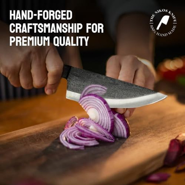 The Nikos Knife Chefs Knife - 8” Hand-Forged High Carbon Steel Full Tang Kitchen Knife With Wood Handle - Razor Sharp Knife For Kitchen With Leather Sheath