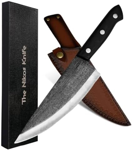 The Nikos Knife Chefs Knife - 8” Hand-Forged High Carbon Steel Full Tang Kitchen Knife With Wood Handle - Razor Sharp Knife For Kitchen With Leather Sheath The Nikos Knife Chefs Knife - 8” Hand-Forged High Carbon Steel Full Tang Kitchen Knife With Wood Handle - Razor Sharp Knife For Kitchen With Leather Sheath