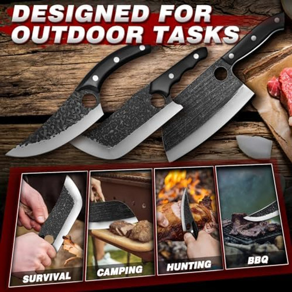 Tijeras Butcher Knife Set For Meat Cutting 3Pcs Hand Forged Cooking Knives Set Camping Knife Set With Ergonomic Handle High Carbon Steel Meat Bone Cleaver For Kitchen Camping Bbq Idea Men