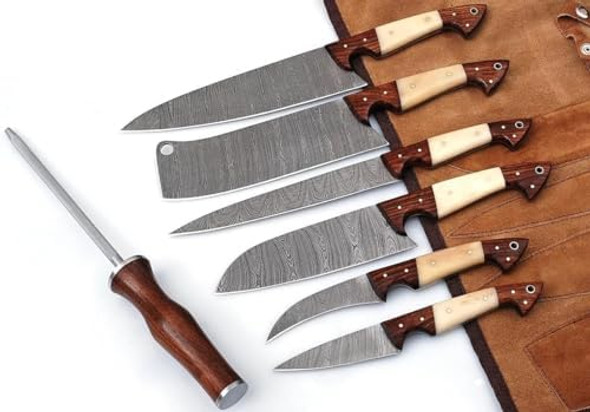 Damascus Knives Handmade Professional Kitchen Knife Set 7Pcs Best Steel Blade Chef Set With Storage Leather Roll Case Bag Cutlery Cooking Sets Wood/Bone Handle(14111)