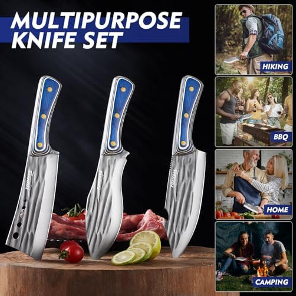 2Pcs Meat Cleaver & Heavy Duty Bone Chopper Knife Set Hand Forged German High Carbon Stainless Steel Butcher Knife For Home Kitchen & Outdoor