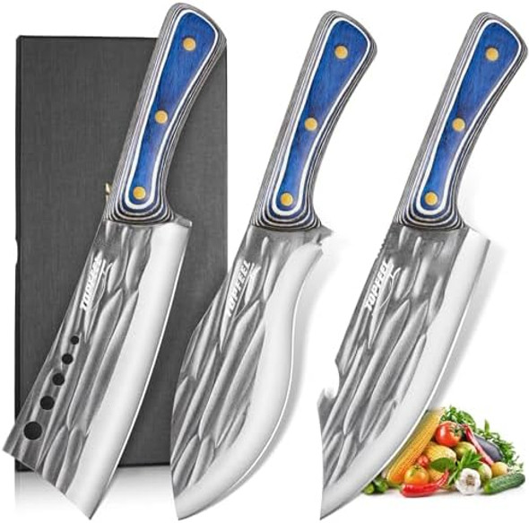 2Pcs Meat Cleaver & Heavy Duty Bone Chopper Knife Set Hand Forged German High Carbon Stainless Steel Butcher Knife For Home Kitchen & Outdoor 2Pcs Meat Cleaver & Heavy Duty Bone Chopper Knife Set Hand Forged German High Carbon Stainless Steel Butcher Knife For Home Kitchen & Outdoor