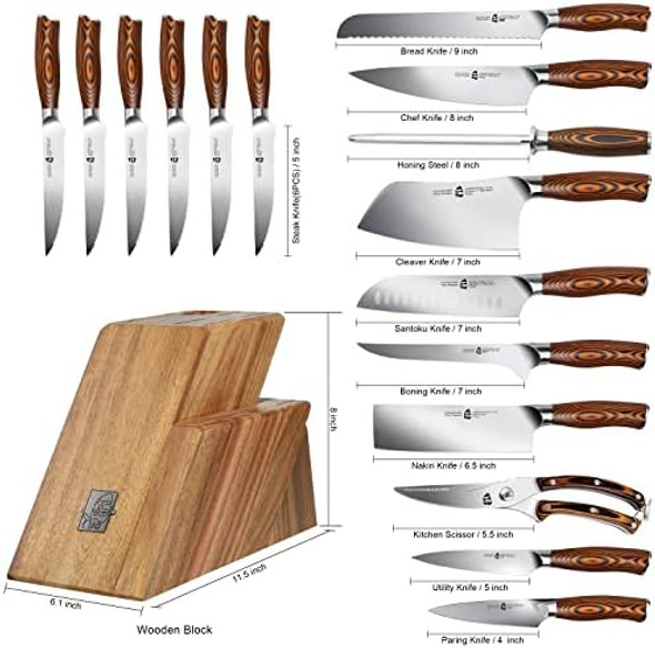 Tuo 17 Pcs Kitchen Knife Set For Kitchen With Block German X50Crmov15 Steel Blade Knife Block Set Full Tang Pakkawood Handle