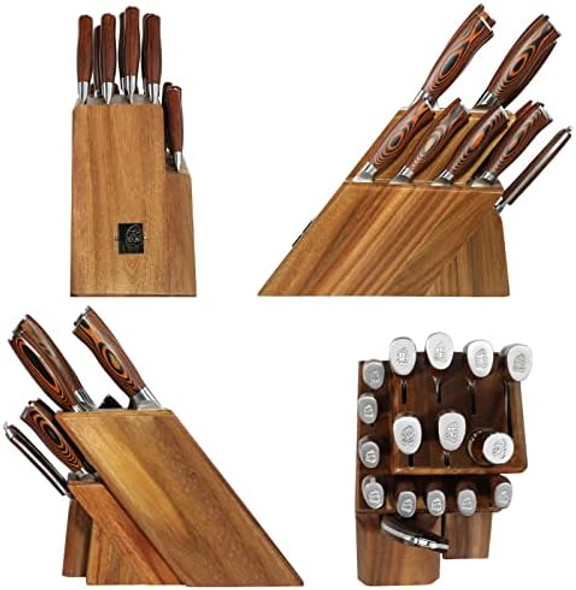 Tuo 17 Pcs Kitchen Knife Set For Kitchen With Block German X50Crmov15 Steel Blade Knife Block Set Full Tang Pakkawood Handle