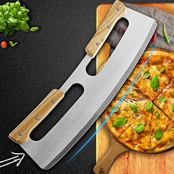 14 Inch Stainless Steel Pizza Cutter Rocker - Dishwasher Safe Protective Blade Cover - Non-Stick Mezzaluna Knife Slicer - Kitchen Tool Pie Cutting - Wooden Handle For Chopping