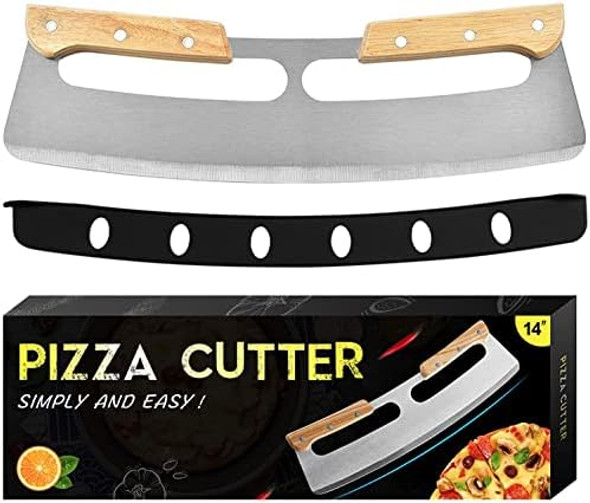 14 Inch Stainless Steel Pizza Cutter Rocker - Dishwasher Safe Protective Blade Cover - Non-Stick Mezzaluna Knife Slicer - Kitchen Tool Pie Cutting - Wooden Handle For Chopping 14 Inch Stainless Steel Pizza Cutter Rocker - Dishwasher Safe Protective Blade Cover - Non-Stick Mezzaluna Knife Slicer - Kitchen Tool Pie Cutting - Wooden Handle For Chopping