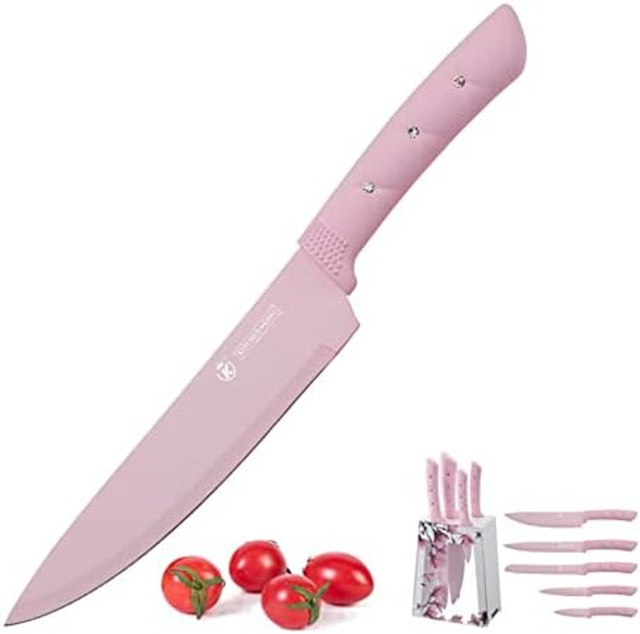 Chef Knife Set 6 Pieces Stainless Steel Professional Kitchen Knife Set With Acrylic Stand For Cooking Lightweight Strong Anti-Slip Pink Knives Set Kitchen s For Women (Pink) One Size