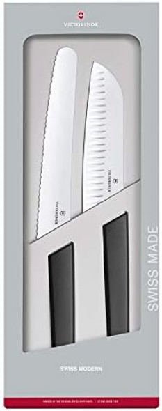 Victorinox 2 Piece Santoku And Bread Knife Set Black Light & Sharp For Various Foods Dishwasher Safe Swiss Madan Box 6.9093.22G