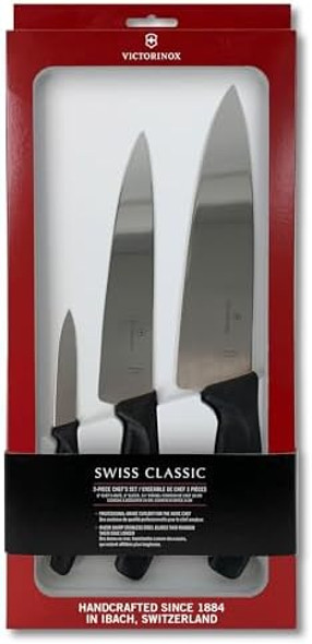 Victorinox ​Swiss Classic Chef'S Knife Set - Balanced Cooking Knives For Kitchen Accessories - Ergonomic Meat Vegetable & Fruit Knives - Black Handle Straight Edge 3-Piece Set