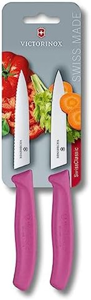 Victorinox Swiss Classic Paring Knife Set 2 Pcs. Extra Sharp Pointed Tip Serrated Swiss Made Stainless Steel Pink