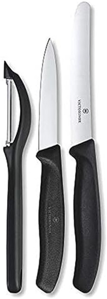 Victorinox Swiss Classic Paring Knife Set With Peeler - Includes A Straight Edge Paring Knife Serrated Paring Knife & Fruit & Vegetable Peeler - Black Handle 3-Piece Set