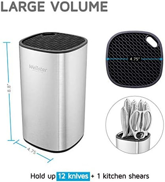 Wellstar Universal Knife Block Holder Stainless Steel Knife Stand Without Knives Safe Space Saver Large Volume Stable Knife Storage With Scissors Slot Detachable For Easy Cleaning - Square