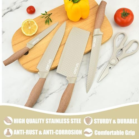 Kitchen Block Knife Sets 6-Pieces Khaki Chef Knife Set With Removable Round Block Non-Stick & Non-Slip Stainless Steel Sharp Knife Set For Restaurant Home Cooking s For Mom Wife Girl (Khaki)