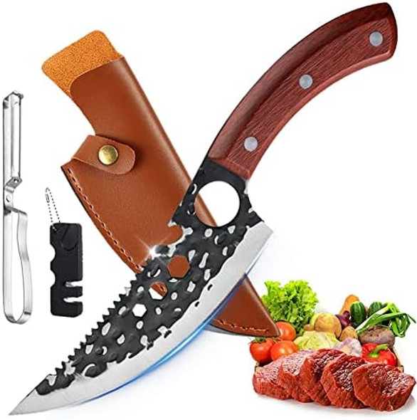 Multifunctional Camp Chef Knife With Sheath Sharpener & Veggies Peeling 6 Inch Forged Butcher Boning Knife For Meat Cutting Knife Stainless Steel Cleaver Viking Knife For Kitchen Outdoor Bbq