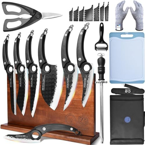 Xyj One Set All Tasks Kitchen Knife Block Set With Sharpener Scissors Roll Bag Cutting Board 7 Pcs High Carbon Steel Knives Set Cleaver Cooking Chef Knives With Ergonomic Handles