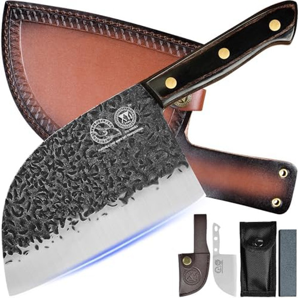 Xyj Full Tang 7-Inch Serbian Butcher Knife Multipurpose Chinese Chef Knives High Carbon Stainless Steel Meat Knives Heavy Duty Blade With Leather Sleeves For Home Outdoor &Camping Xyj Full Tang 7-Inch Serbian Butcher Knife Multipurpose Chinese Chef Knives High Carbon Stainless Steel Meat Knives Heavy Duty Blade With Leather Sleeves For Home Outdoor &Camping
