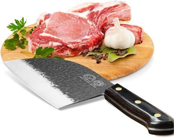 Xyj Full Tang 7-Inch Serbian Butcher Knife Multipurpose Chinese Chef Knives High Carbon Stainless Steel Meat Knives Heavy Duty Blade With Leather Sleeves For Home Outdoor &Camping