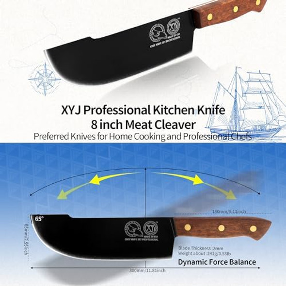 Xyj 8 Inch Slicing Knife With Sheath Handmade Forged Kitchen Knife Stainless Steel Blade Full Tang Meat Cleaver For Meat Cutting Cooking Chefs Knife For Camping Outdoor Bbq For Women Men