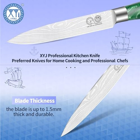 Xyj Japanese Utility Knife 5 Inch Stainless Steel Kitchen Knife With SleeveGreen Resin HandleMeat Cleaver For Meat CuttingProfessional Chef KnifeLaser Damascus Pattern