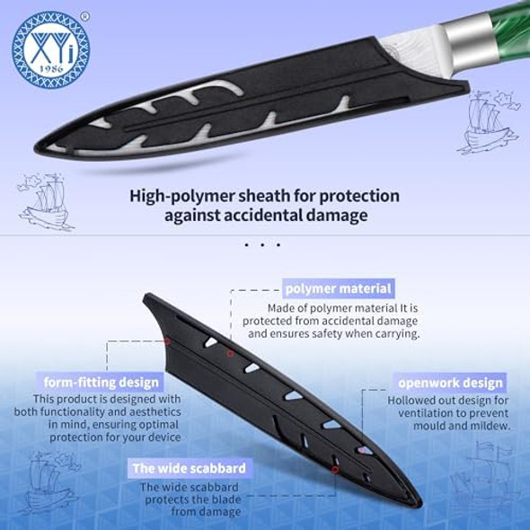 Xyj Japanese Utility Knife 5 Inch Stainless Steel Kitchen Knife With SleeveGreen Resin HandleMeat Cleaver For Meat CuttingProfessional Chef KnifeLaser Damascus Pattern