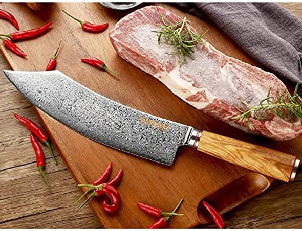 Yousunlong Butcher Knife 8 Inch Hybrid Cleaver Japanese Damascus Steel Italian Olive Wood Handle With Leather Sheath
