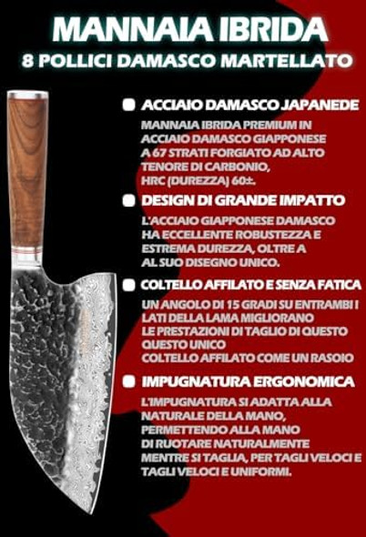 Yousunlong Hybrid Cleaver 8 Inch Meat Cleaver Outdoor Serbian Chef Knife-Japanese Damascus Steel - Natural Leadwood Handle With Leather