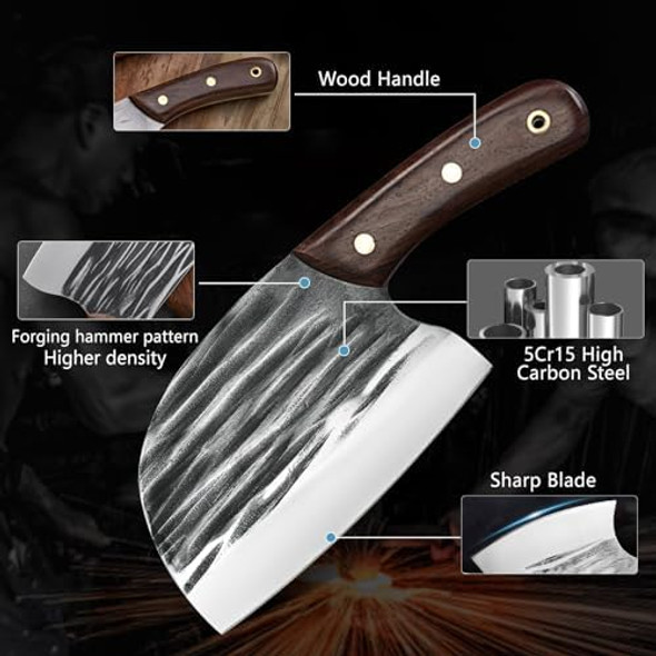 Zeng 7 Pieces Butcher Knife Set With Roll Bag Chef Knife Set For Meat Cleaver Cutting & Viking Knives With Ergonomic Handles Stainless Steel Hand Forged Kitchen Knife Set For Home Cooking Camping