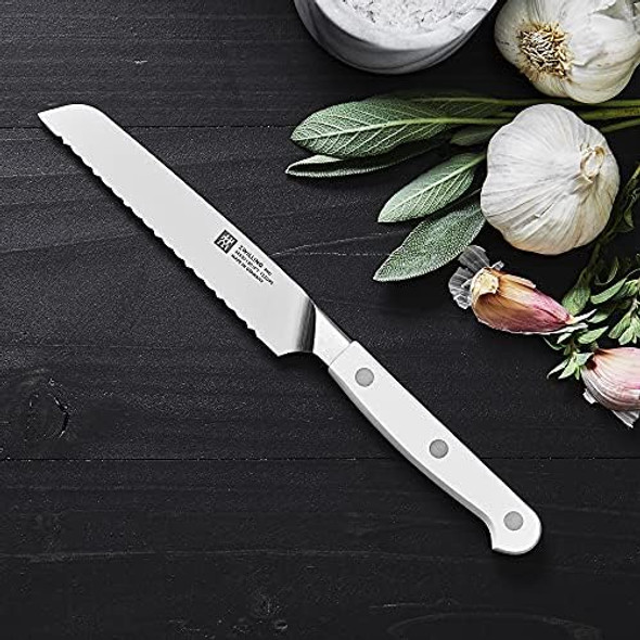 ZWILLING Pro Le Blanc 5-inch Serrated Utility Knife Razor-Sharp Blade White Polymer Handle Made in Germany