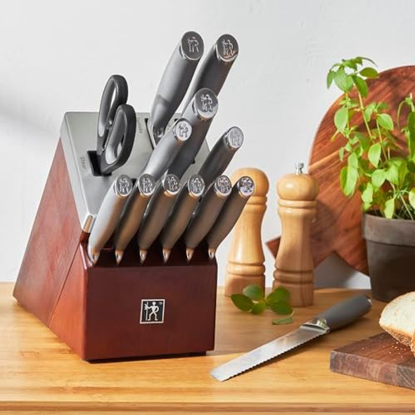 Henckels Modernist 14-Pc Self-Sharpening Knife Set With Block Chef Knife Paring Knife Bread Knife Steak Knife Dark Brown Stainless Steel Walnut