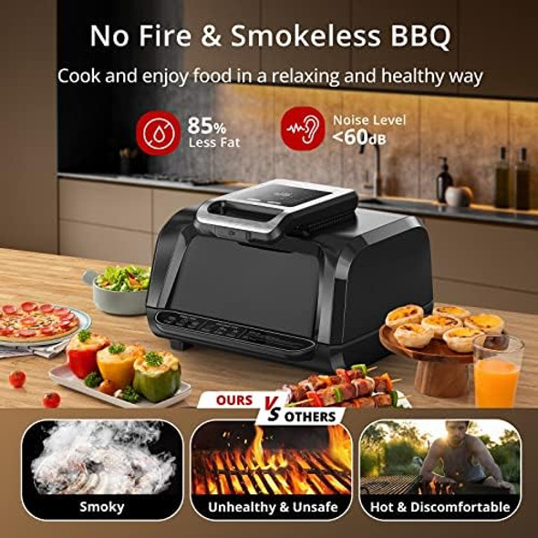Indoor Grill Air Fryer Combo - 7-in-1 Smokeless Electric Air Grill with See-Through Window Non-Stick Removable Plates Even Heat and Silicon Tongs - 4Qt 1750W Up to 450°F