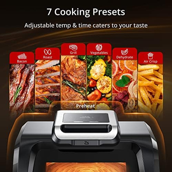 Indoor Grill Air Fryer Combo - 7-in-1 Smokeless Electric Air Grill with See-Through Window Non-Stick Removable Plates Even Heat and Silicon Tongs - 4Qt 1750W Up to 450°F