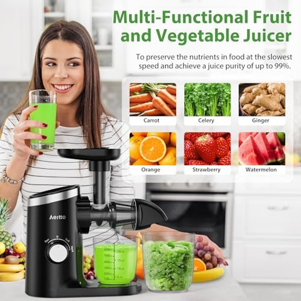 Aeitto Juicer Machines with Soft & Hard Modes Quiet Motor Reverse Function Juicer Machines Vegetable and Fruit Cold Press Juicer Easy to Clean with Brush