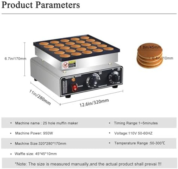 110V US Commercial 25PCS Mini Pancake Maker 950W Mini Dutch Pancake Maker Machine Non-stick Dutch Poffertjes Grill Stainless Steel Breakfast Snacks Desserts
