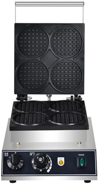 Commercial Round Waffle Maker 4pcs Nonstick Electric Waffle Maker Machine Stainless Steel Nonstick Double Side Belgian Waffle Maker for Bakery Restaurant Snack Bar Home