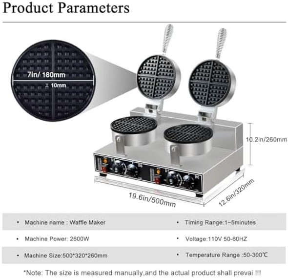 110V 2600W Commercial Double Waffle Maker Non-Stick Commercial Waffle Baker Stainless Steel Belgian Waffle Iron for Restaurant Party Food Stall Bakery Snack Bar Family