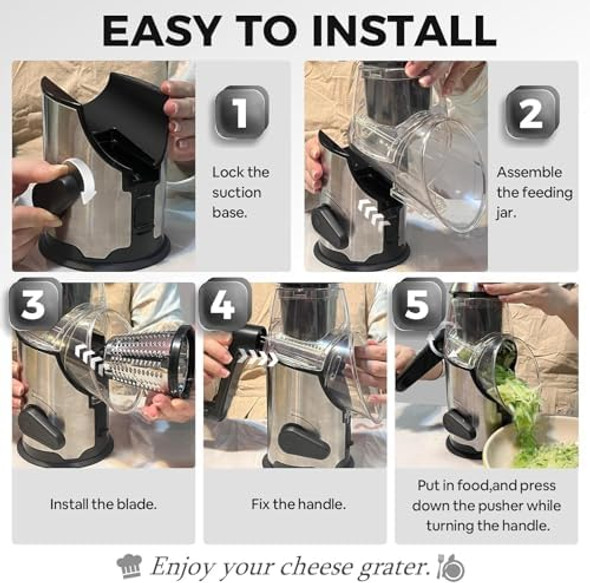 Airpro Rotary Cheese Grater with Handle - Vegetable Shredder with 3 Stainless Steel Blades & Strong Suction Base Round Mandoline Slicer & Food Chopper for Kitchen