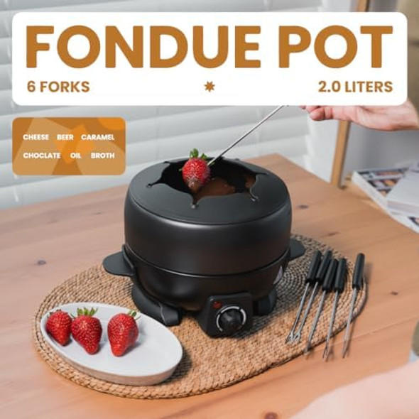 Electric Fondue Pot Set - 2-Liters Black Electric Pot with 6 Stainless Steel Fork - Temperature Control Ideal for Cheese Caramel Chocolate - Non-stick and Dishwasher Safe Fondue Pot Set by Stilaris