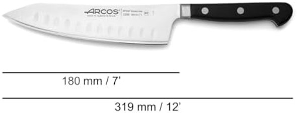 ARCOS Santoku Knife 7 Inch Nitrum Stainless Steel and 190 mm blade. Ergonomic Polyoxymethylene POM Handle.Classical design and rounded finish of great beauty and sturdiness. Series Opera. Color Black.