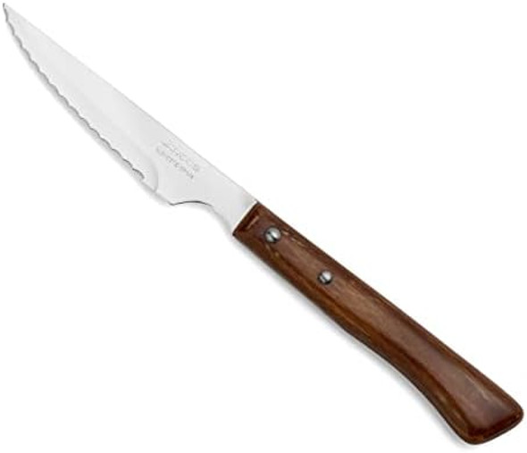 Arcos Steak Knives Set of 6 in Stainless Steel. Meat Knife Pack with Pearl Edge for Cutting and Fillet. Serrated Blade and Beech Wood Handle. Series Mesa