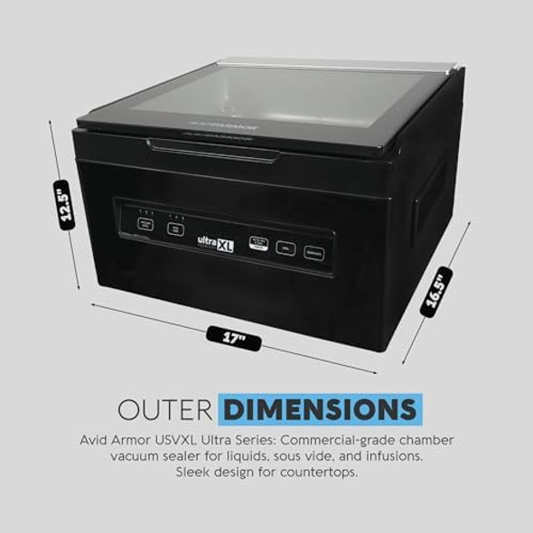 Avid Armor Chamber Vacuum Sealer Machine USVXL Ultra Series 11.5" Seal Bar for Liquid-Rich Wet Foods Cooking Sous Vide Infusions. LARGER Size Chamber Sealer Black Color Great for the Countertop
