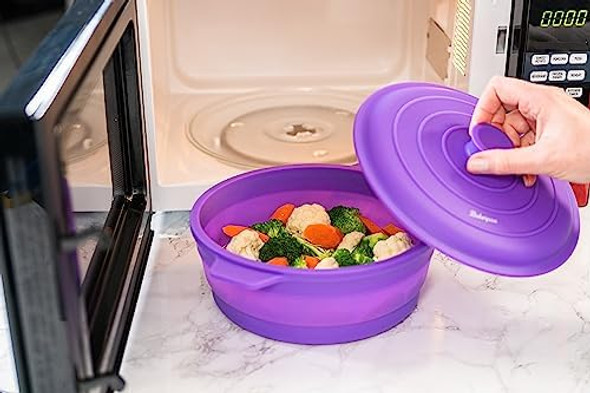 Bakerpan Silicone Microwave Steamer for Vegetables Air Fryer Pot with Lid Collapsible Silicone Steamer for Cooking 64 Fl oz Capacity