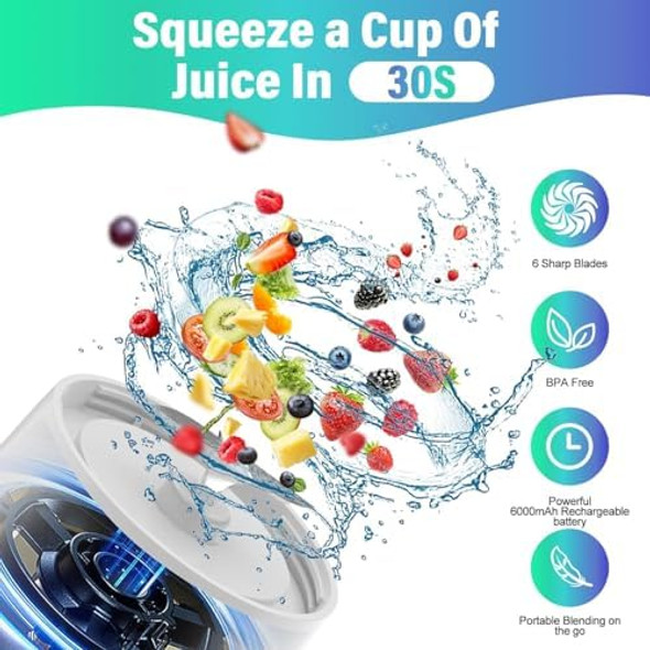 Portable Blender 360 Watt Personal Blender for Shakes and Smoothies 6000mAh USB Rechargeable BPA 24 Oz Juicer Cup with 6 Blades and Lid Self Cleaning Portable Juicer for Kitchen/Travel White