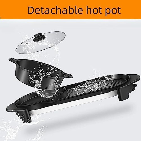 Electric Hot Pot with Grill Indoor Shabu-shabu Hotpot Korean BBQ Grill Removable Hotpot Pot W/Large Capacity Baking Tray Smokeless Non-Stick Adjustable Temperature 1-6 People 110V