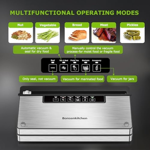 Bonsenkitchen Vacuum Sealer Machine Stainless Steel Food Sealer Vacuum Sealers with 100 Bags & 1 Roll 5 Food Vacuum Modes Built-in Cutter & Bag Storage Black