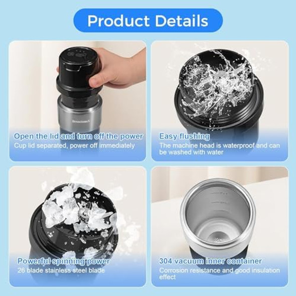 Portable Blender 11.8oz Vacuum Cup Cordless Blender for Smoothie Mini Travel Blenders for Protein Shakes Rechargeable Personal Size Blenders Bottle Electric Handheld Juicer USB Charging Easy to Clean