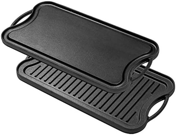 Bruntmor 2-In-1 Cast Iron Skillet Rectangle Roasting Pan With Reversible Griddle Pan For Stove Top - 20"x10" Multi Cooker Deep Roasting Grill Pan Non-Stick Camping Cookware
