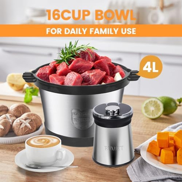 Electric Meat Grinder 850W Food Chopper Food processor with LED timer with one 16cup stainless steel bowl and 2 sets tri-layers 6 blades cutters by BUMET