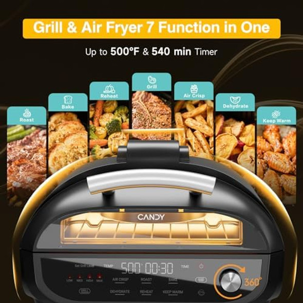 CANDY™ Indoor Grill and Air Fryer Combo with Ceramic Accessories 7-IN-1 Digital Display 360° Heating Electric 500°F Max Large Viewing Window Roast Bake & Dehydrate Adjustable Temps Easy Clean